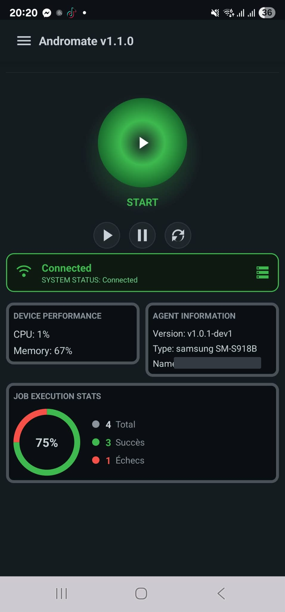 AndroMate Android agent - connected, with device performance and job execution stats